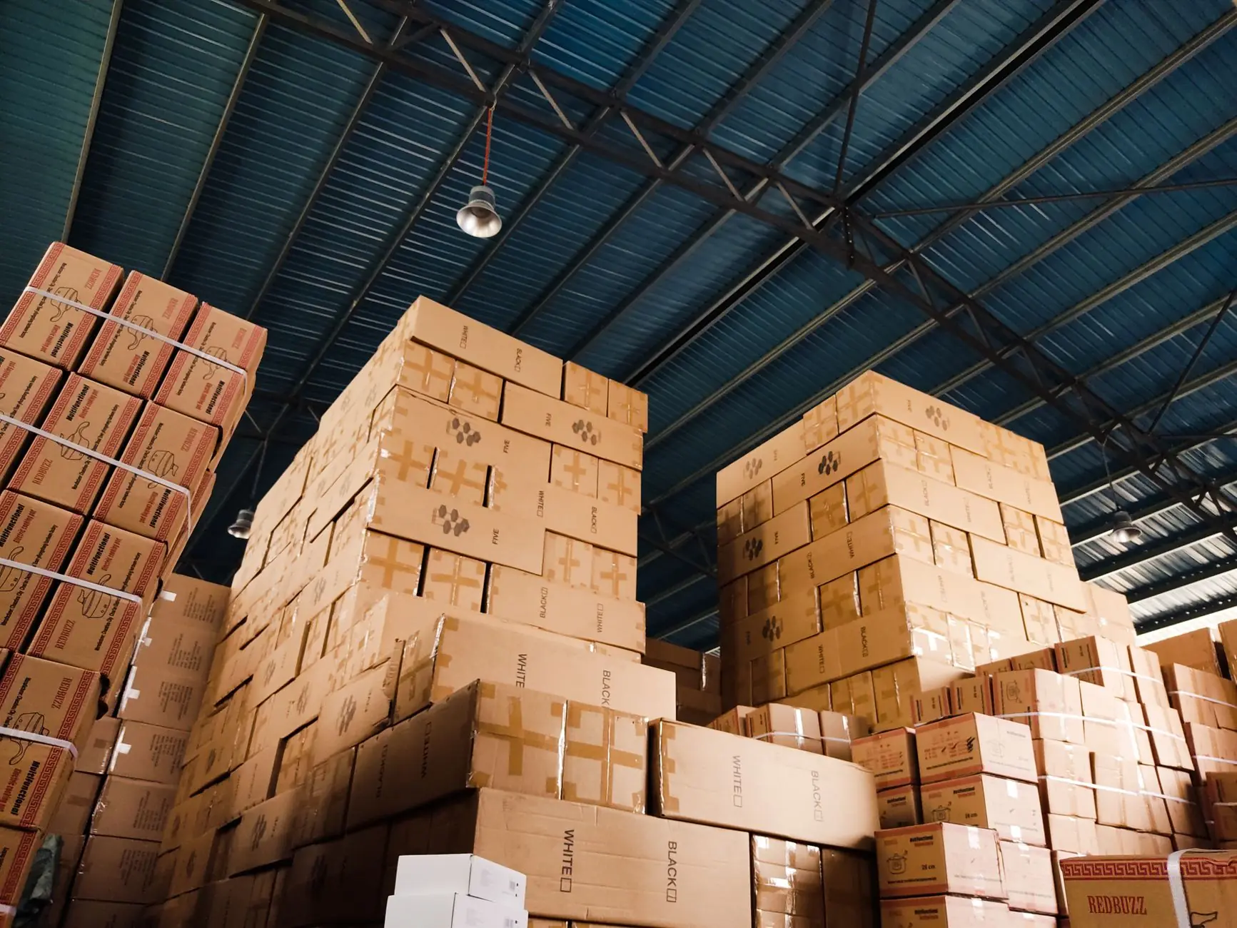 Stacked cartons in a distribution warehouse